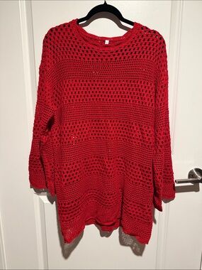Red Crochet Open-Knit Women's Bathing Suit Cover Up